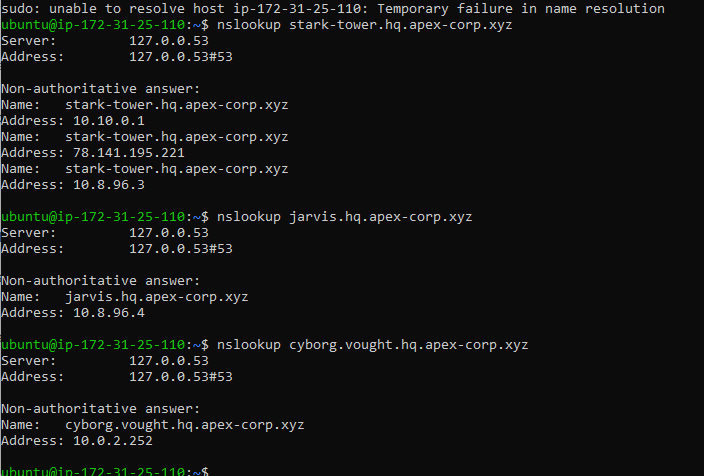 nslookup results on BATCAVE showing stark-tower.hq.apex-corp.xyz and jarvis.hq.apex-corp.xyz both resolving correctly via 10.10.0.1